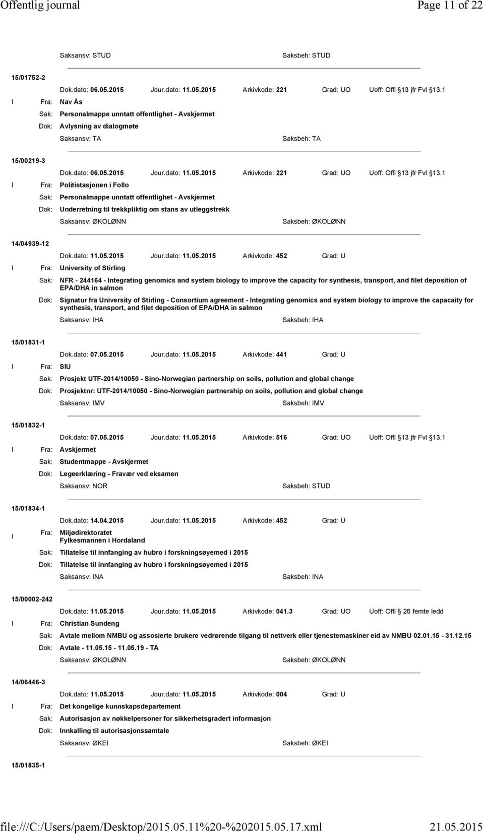 1 Fra: Politistasjonen i Follo Dok: Underretning til trekkpliktig om stans av utleggstrekk Saksansv: ØKOLØNN 14/04939-12 Dok.dato: 11.05.