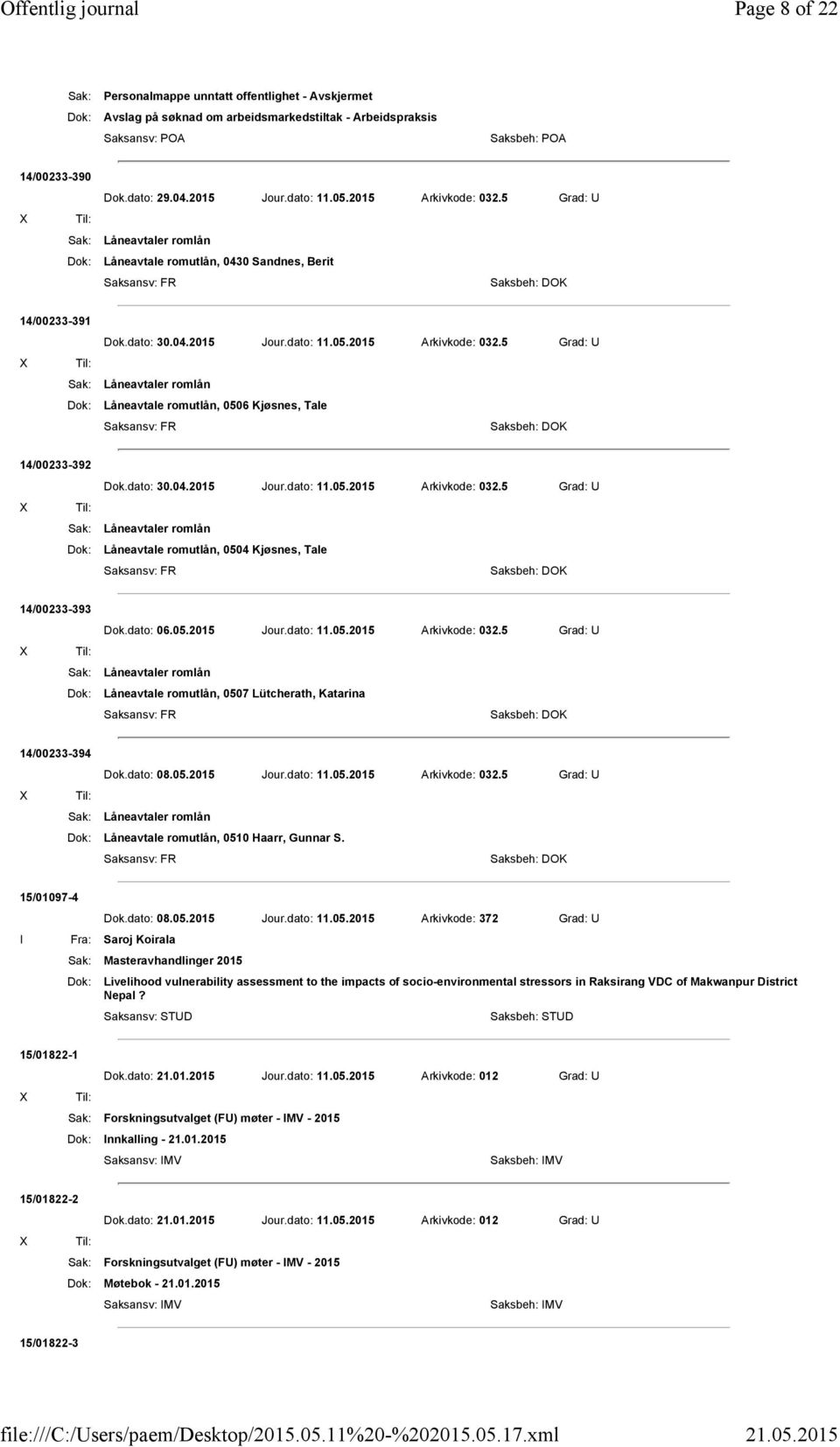 5 Grad: U Sak: Låneavtaler romlån Dok: Låneavtale romutlån, 0506 Kjøsnes, Tale 14/00233-392 Dok.dato: 30.04.2015 Jour.dato: 11.05.2015 Arkivkode: 032.