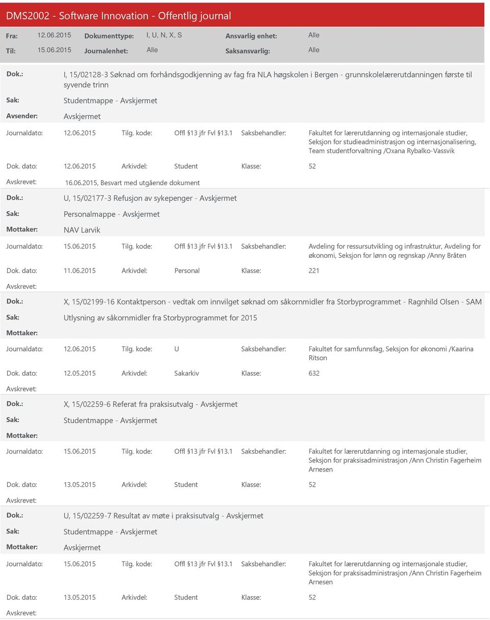 2015, Besvart med utgående dokument, 15/02177-3 Refusjon av sykepenger - Personalmappe - NAV Larvik økonomi, Seksjon for lønn og regnskap /Anny Bråten Dok. dato: 11.06.