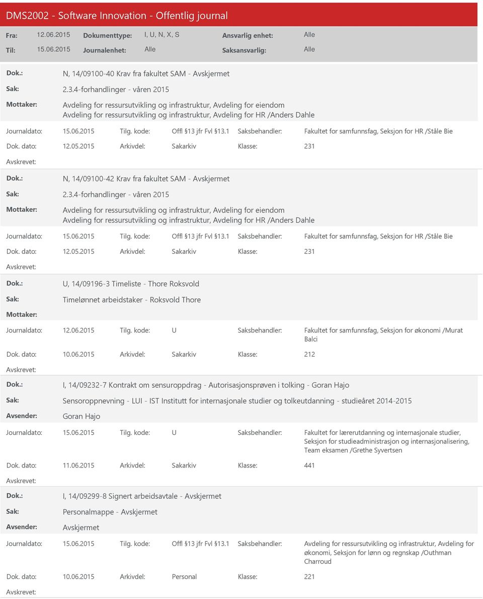 N, 14/09100-42 Krav fra fakultet SAM - 2.3., 14/09196-3 Timeliste - Thore Roksvold Timelønnet arbeidstaker - Roksvold Thore Fakultet for samfunnsfag, Seksjon for økonomi /Murat Balci Dok. dato: 10.06.