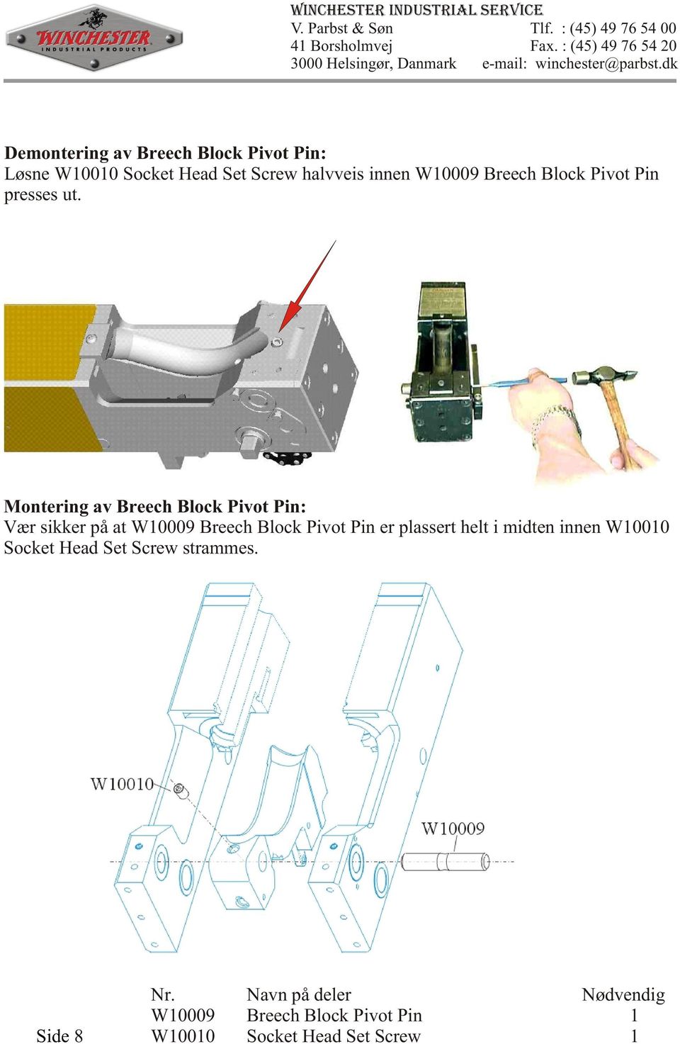 Montering av Breech Block Pivot Pin: Vær sikker på at W10009 Breech Block Pivot Pin er