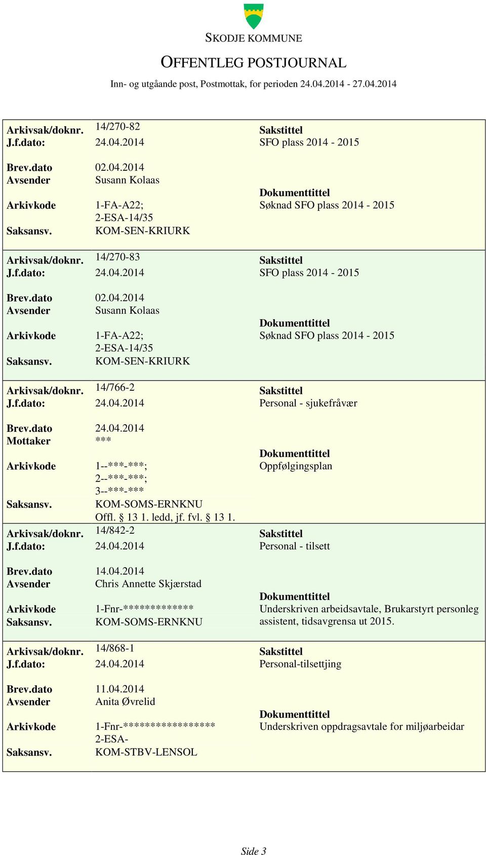 14/766-2 Sakstittel J.f.dato: 24.04.2014 Personal - sjukefråvær Mottaker *** 1--***-***; ; 3--***-*** KOM-SOMS-ERNKNU Oppfølgingsplan Arkivsak/doknr. 14/842-2 Sakstittel J.f.dato: 24.04.2014 Personal - tilsett Brev.