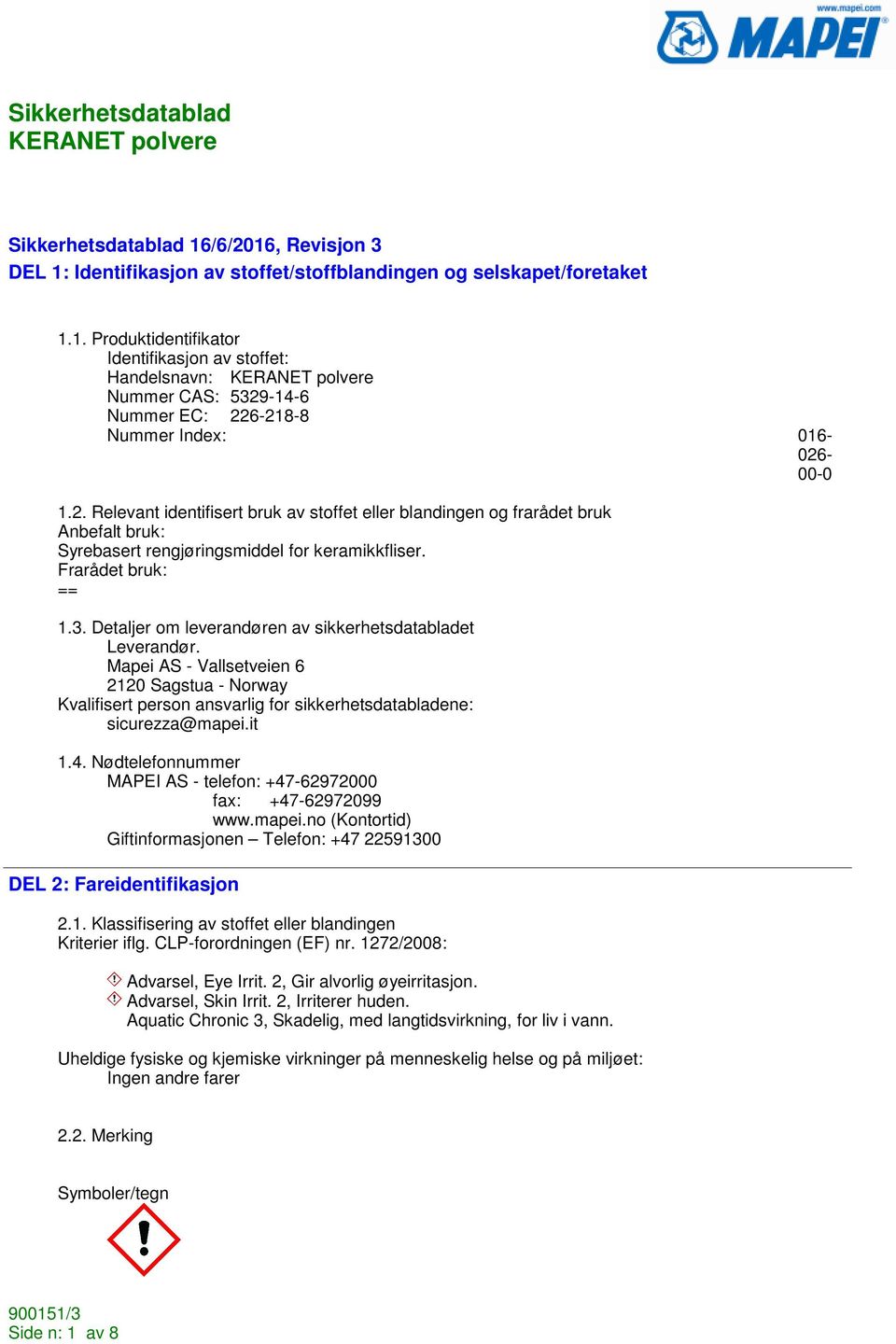 Detaljer om leverandøren av sikkerhetsdatabladet Leverandør. Mapei AS - Vallsetveien 6 2120 Sagstua - Norway Kvalifisert person ansvarlig for sikkerhetsdatabladene: sicurezza@mapei.it 1.4.