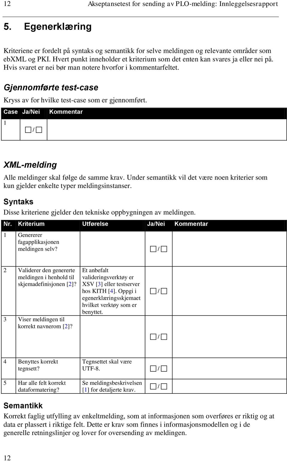 Gjennomførte test-case Kryss av for hvilke test-case som er gjennomført. Case Ja/Nei 1 Kommentar XML-melding Alle meldinger skal følge de samme krav.