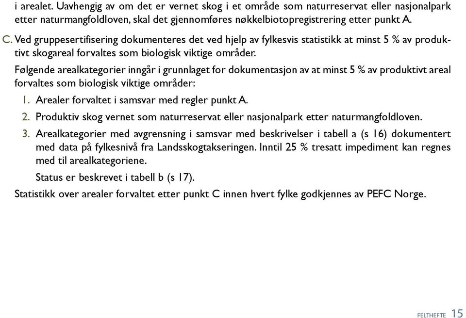 Følgende arealkategorier inngår i grunnlaget for dokumentasjon av at minst 5 % av produktivt areal forvaltes som biologisk viktige områder: 1. Arealer forvaltet i samsvar med regler punkt A. 2.