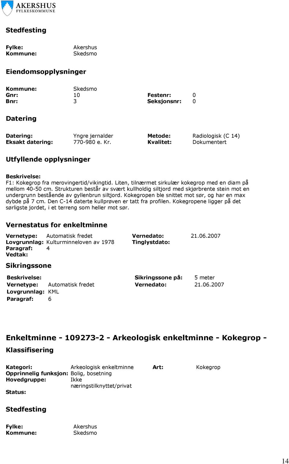 Strukturen består av svært kullholdig siltjord med skjørbrente stein mot en undergrunn bestående av gyllenbrun siltjord. Kokegropen ble snittet mot sør, og har en max dybde på 7 cm.