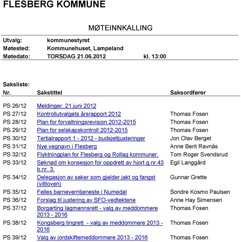 Tertialrapport 1-2012 - budsjettjusteringer Jon Olav Berget PS 31/12 Nye vegnavn i Flesberg Anne Berit Ravnås PS 32/12 Flyktningplan for Flesberg og Rollag kommuner.