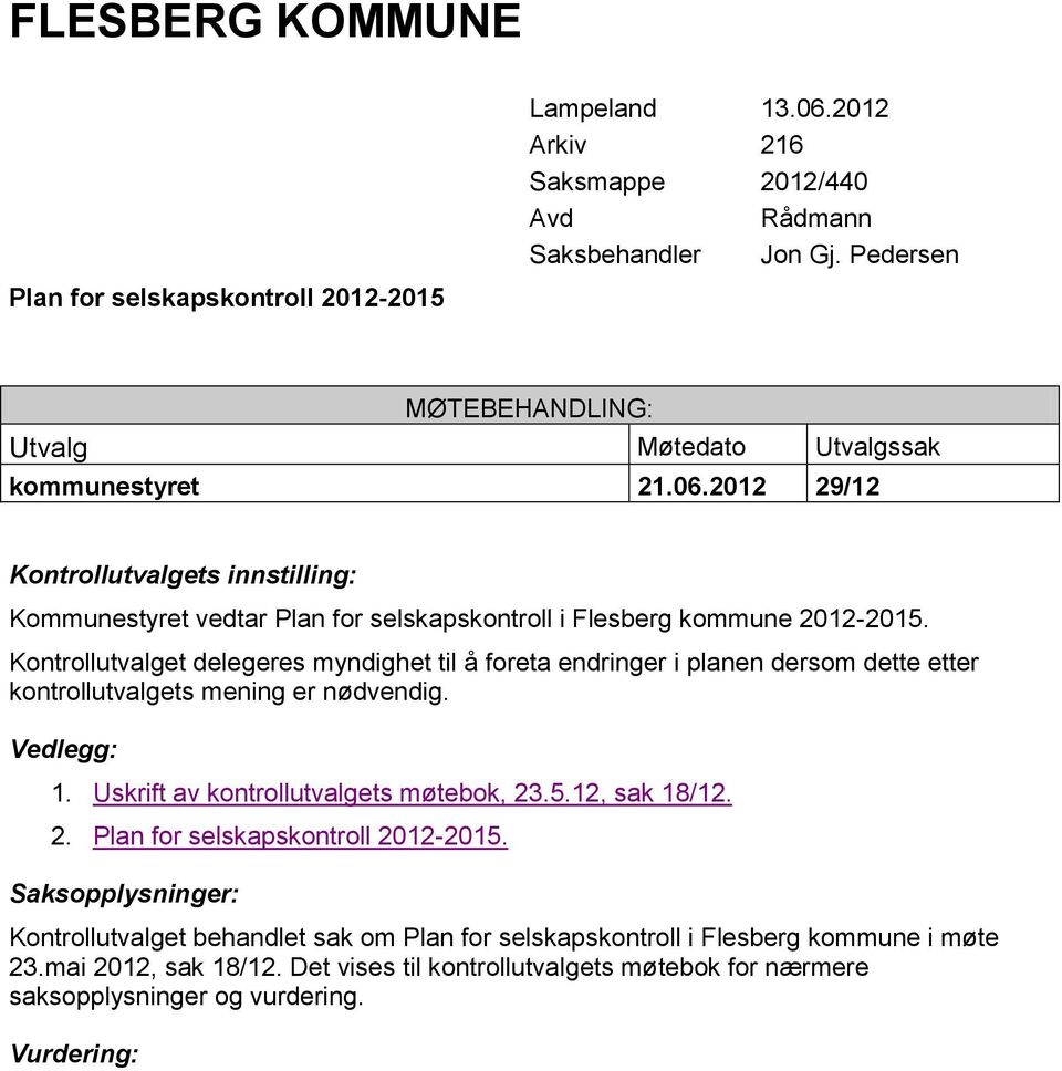 Kontrollutvalget delegeres myndighet til å foreta endringer i planen dersom dette etter kontrollutvalgets mening er nødvendig. Vedlegg: 1. Uskrift av kontrollutvalgets møtebok, 23.5.12, sak 18/12.