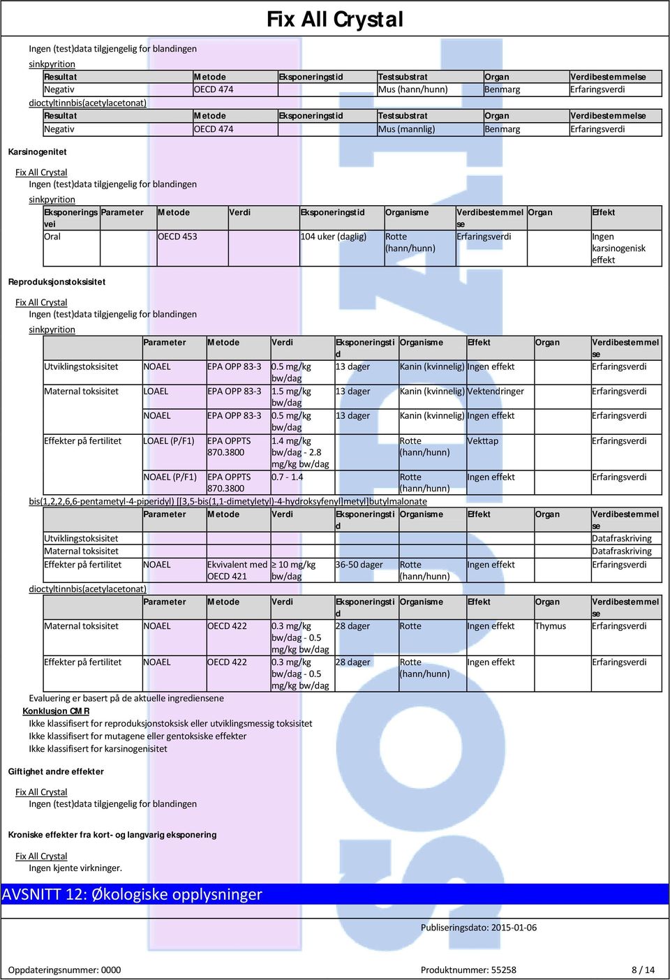 Reproduksjonstoksisitet Parameter Metode Verdi Eksponeringsti Organisme Effekt Organ Verdibestemmel d se Utviklingstoksisitet NOAEL EPA OPP 83-3 0.