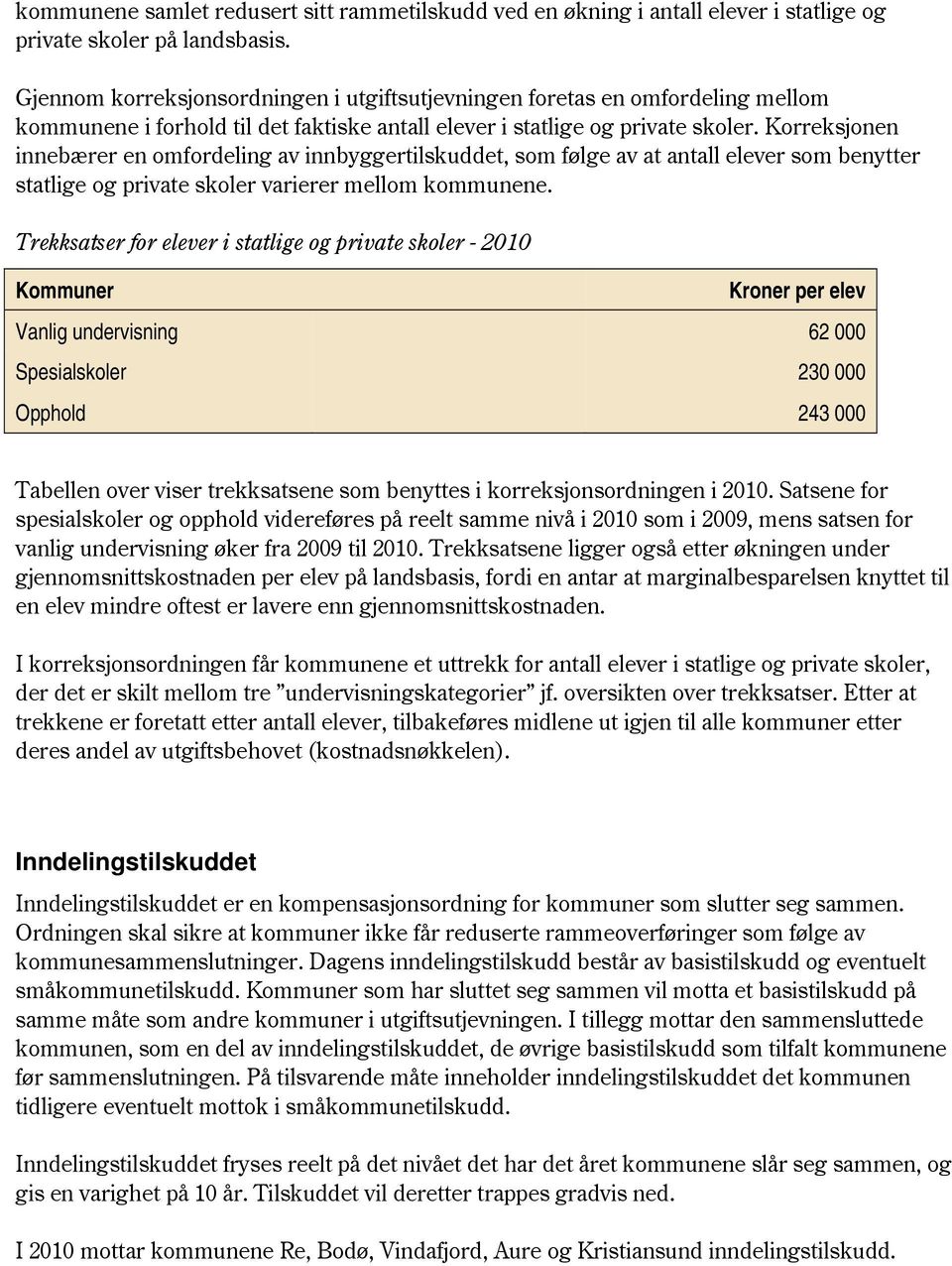 Korreksjonen innebærer en omfordeling av innbyggertilskuddet, som følge av at antall elever som benytter statlige og private skoler varierer mellom kommunene.