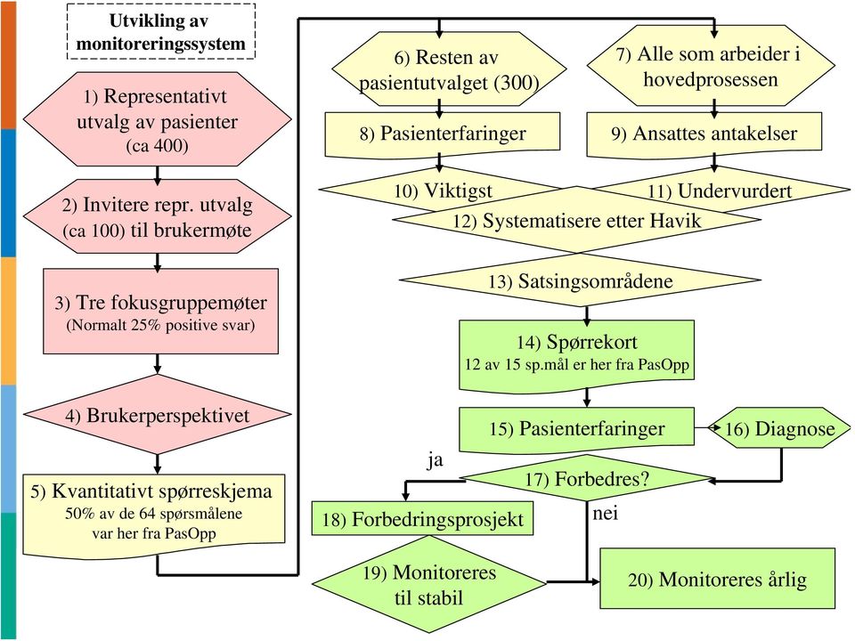 utvalg (ca 100) til brukermøte 3) Tre fokusgruppemøter (Normalt 25% positive svar) 10) Viktigst 11) Undervurdert 12) Systematisere etter Havik 13)