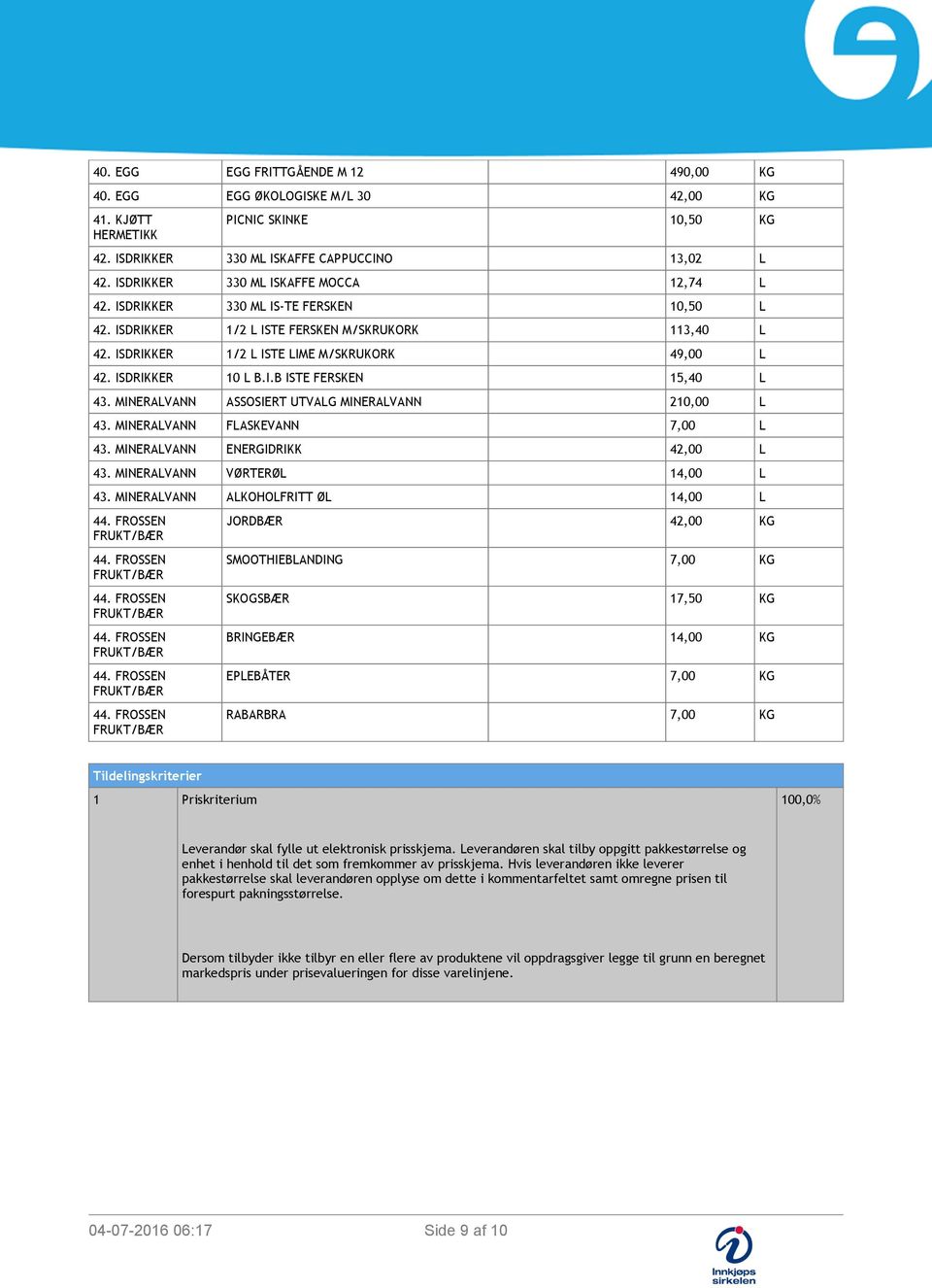 ISDRIKKER 10 L B.I.B ISTE FERSKEN 15,40 L 43. MINERALVANN ASSOSIERT UTVALG MINERALVANN 210,00 L 43. MINERALVANN FLASKEVANN 7,00 L 43. MINERALVANN ENERGIDRIKK 42,00 L 43.