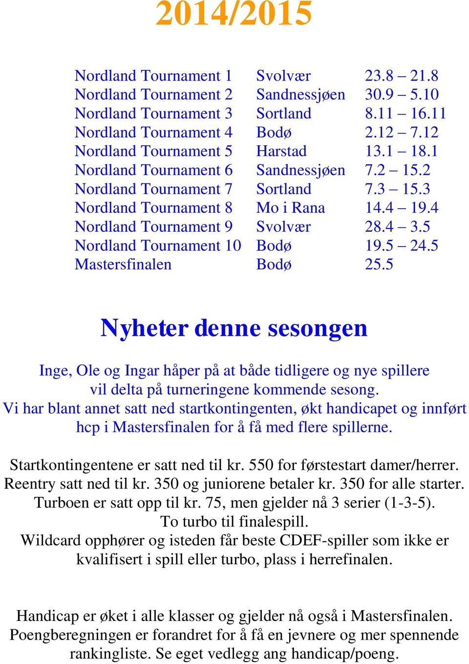 4 Nordland Tournament 9 Svolvær 28.4 3.5 Nordland Tournament 10 Bodø 19.5 24.5 Mastersfinalen Bodø 25.