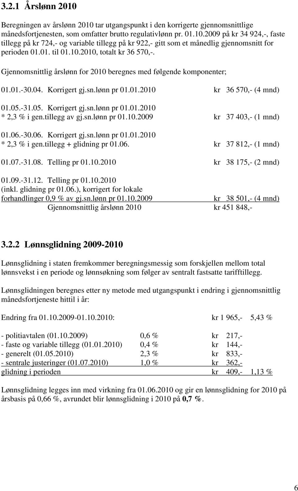 tillegg av gj.sn.lønn pr 01.10.2009 kr 37 403,- (1 mnd) 01.06.-30.06. Korrigert gj.sn.lønn pr 01.01.2010 * 2,3 % i gen.tillegg + glidning pr 01.06. kr 37 812,- (1 mnd) 01.07.-31.08.