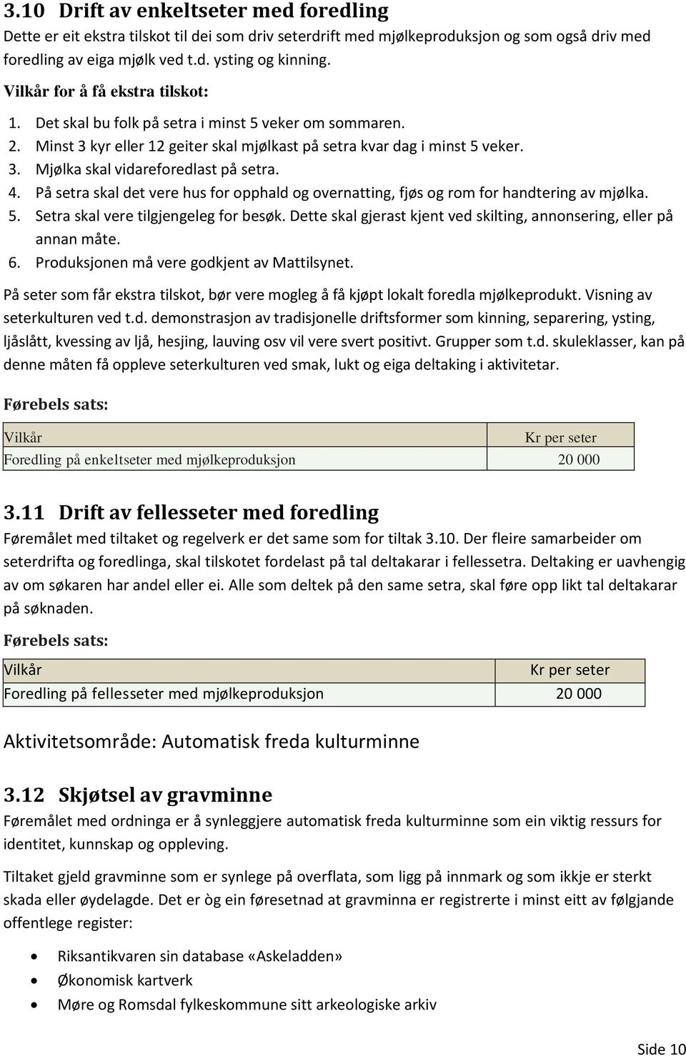 4. På setra skal det vere hus for opphald og overnatting, fjøs og rom for handtering av mjølka. 5. Setra skal vere tilgjengeleg for besøk.