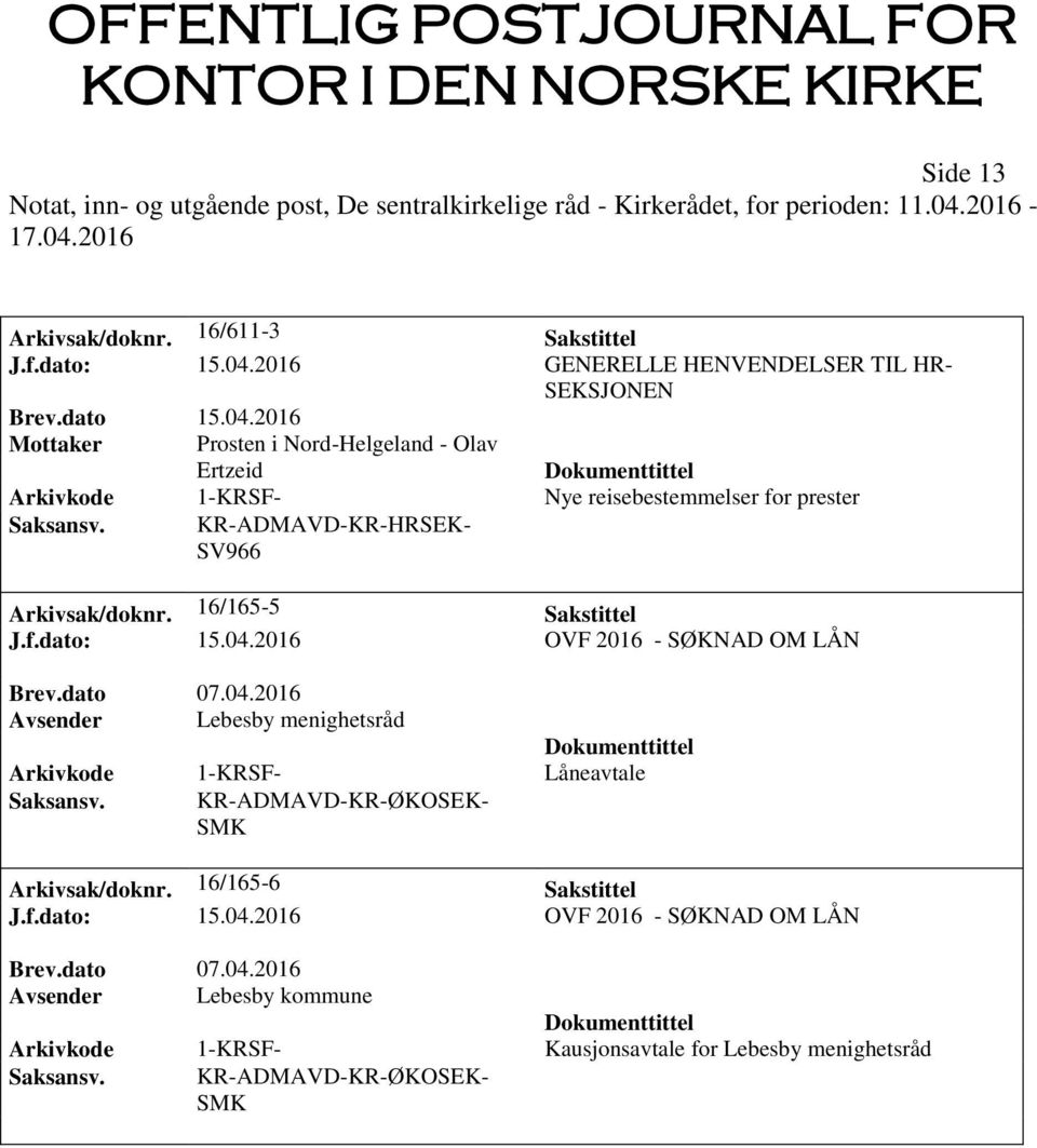 2016 Mottaker Prosten i Nord-Helgeland - Olav Ertzeid Arkivkode 1-KRSF- Nye reisebestemmelser for prester Saksansv. KR-ADMAVD-KR-HRSEK- SV966 Arkivsak/doknr.