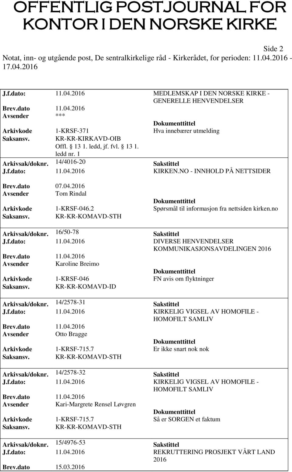 16/50-78 Sakstittel J.f.dato: 11.04.2016 DIVERSE HENVENDELSER KOMMUNIKASJONSAVDELINGEN 2016 Avsender Karoline Breimo Arkivkode 1-KRSF-046 FN avis om flyktninger Saksansv.