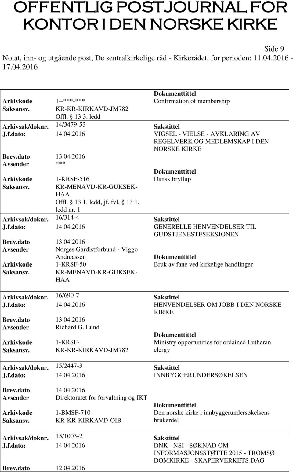 f.dato: 14.04.2016 GENERELLE HENVENDELSER TIL GUDSTJENESTESEKSJONEN Avsender Norges Gardistforbund - Viggo Andreassen Arkivkode 1-KRSF-50 Bruk av fane ved kirkelige handlinger Saksansv.