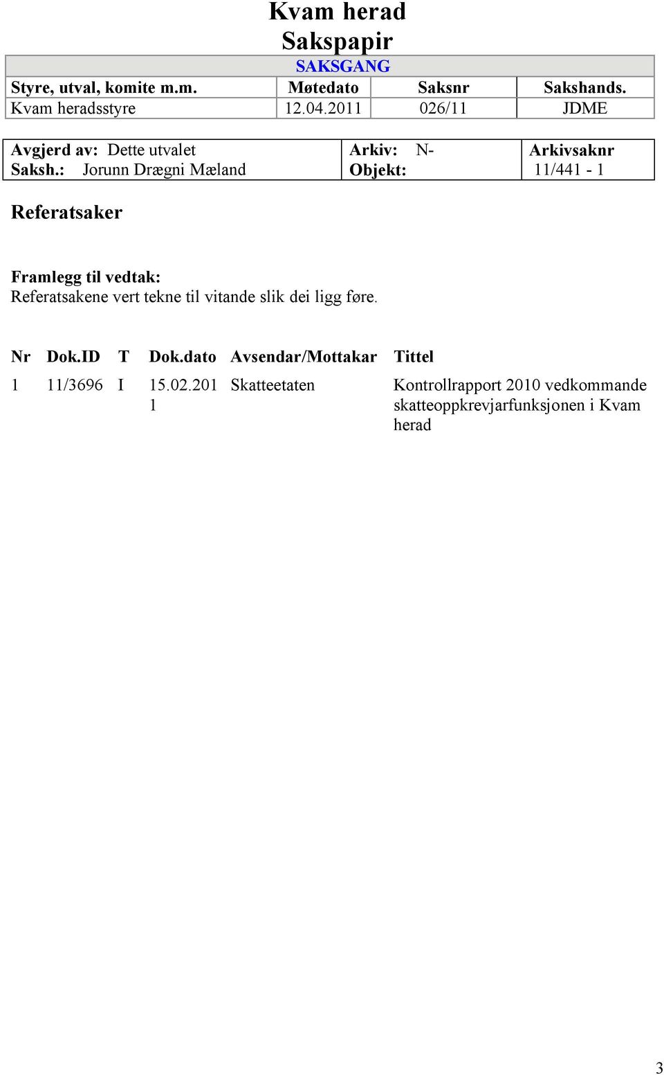 : Jorunn Drægni Mæland Referatsaker Arkiv: N- Objekt: Arkivsaknr 11/441-1 Framlegg til vedtak: Referatsakene vert