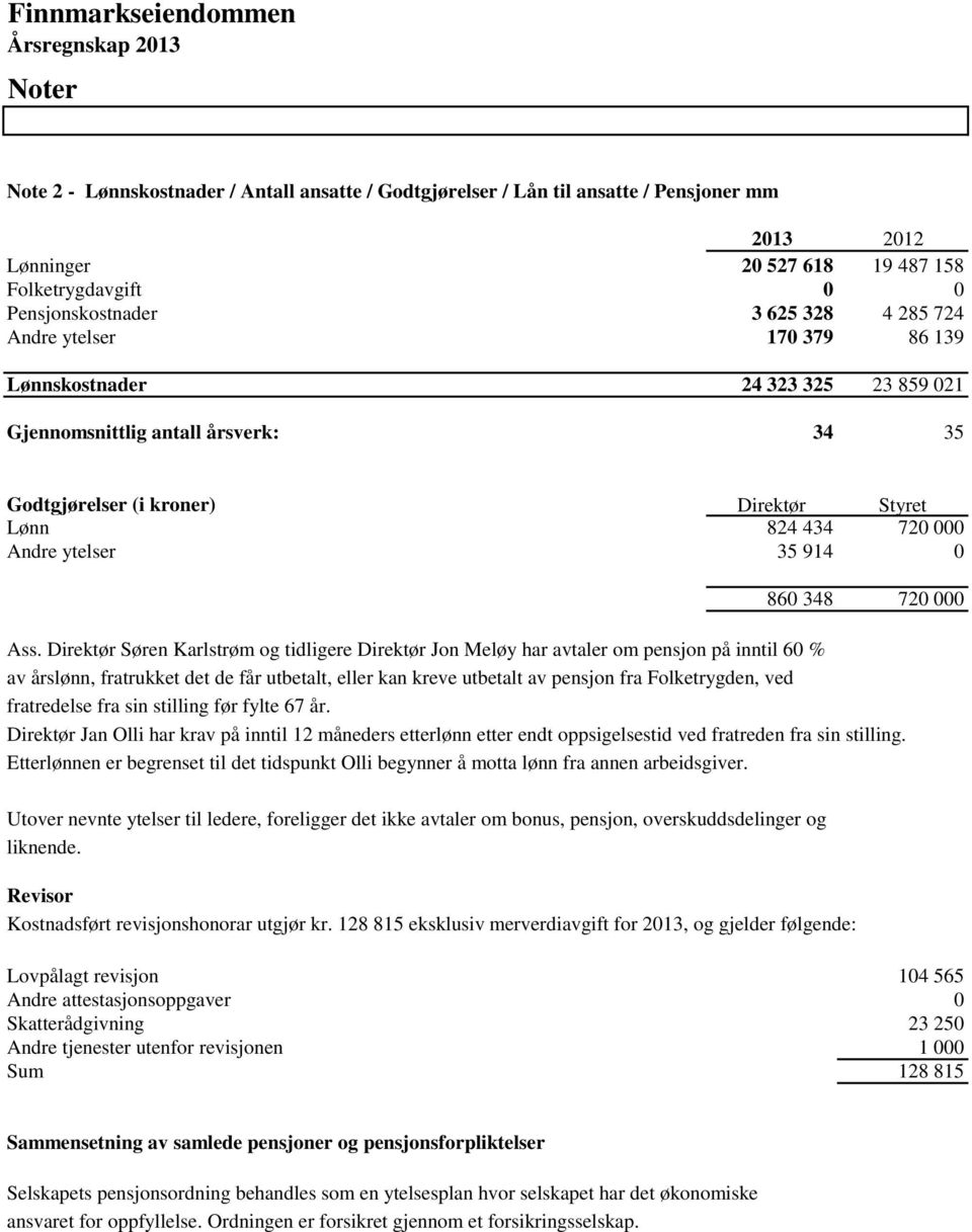 Ass. Direktør Søren Karlstrøm og tidligere Direktør Jon Meløy har avtaler om pensjon på inntil 60 % av årslønn, fratrukket det de får utbetalt, eller kan kreve utbetalt av pensjon fra Folketrygden,