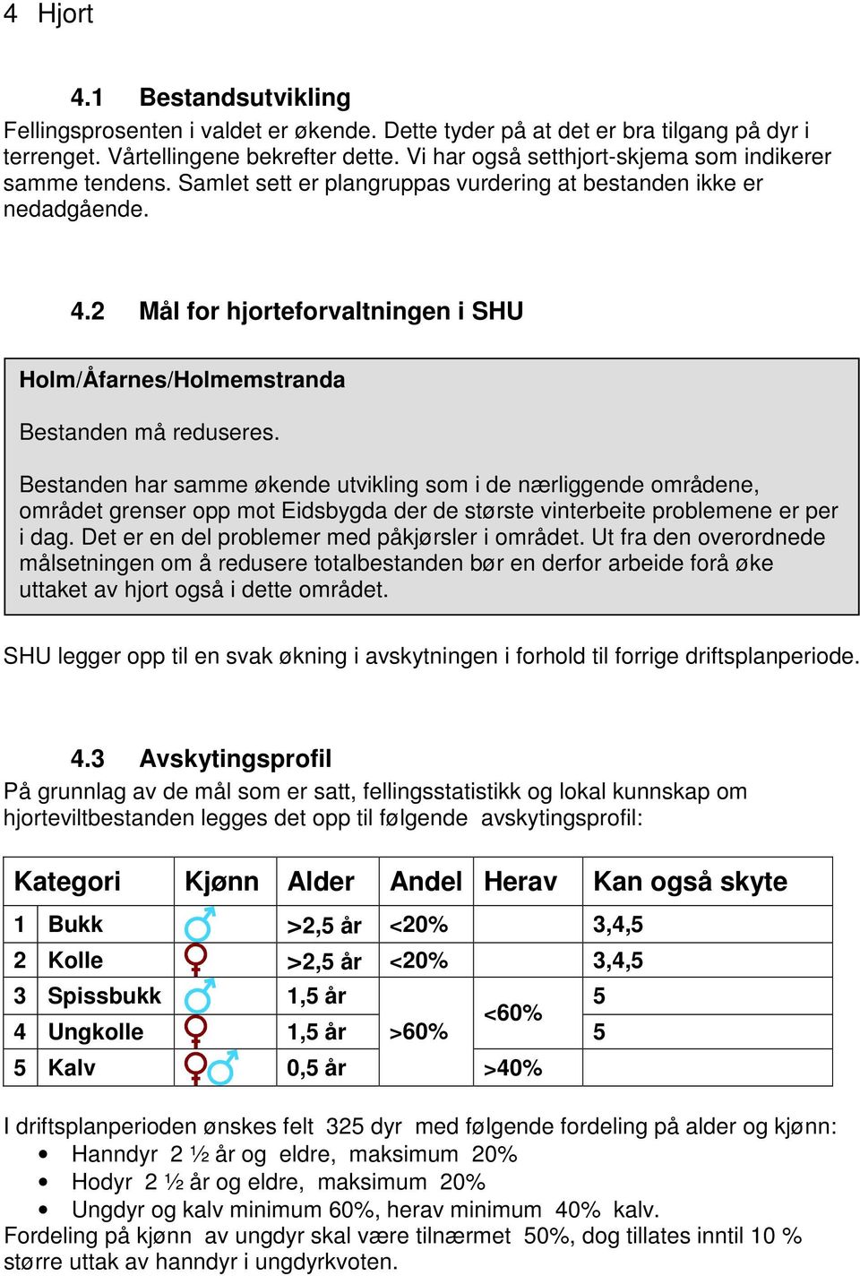 2 Mål for hjorteforvaltningen i SHU Holm/Åfarnes/Holmemstranda Bestanden må reduseres.