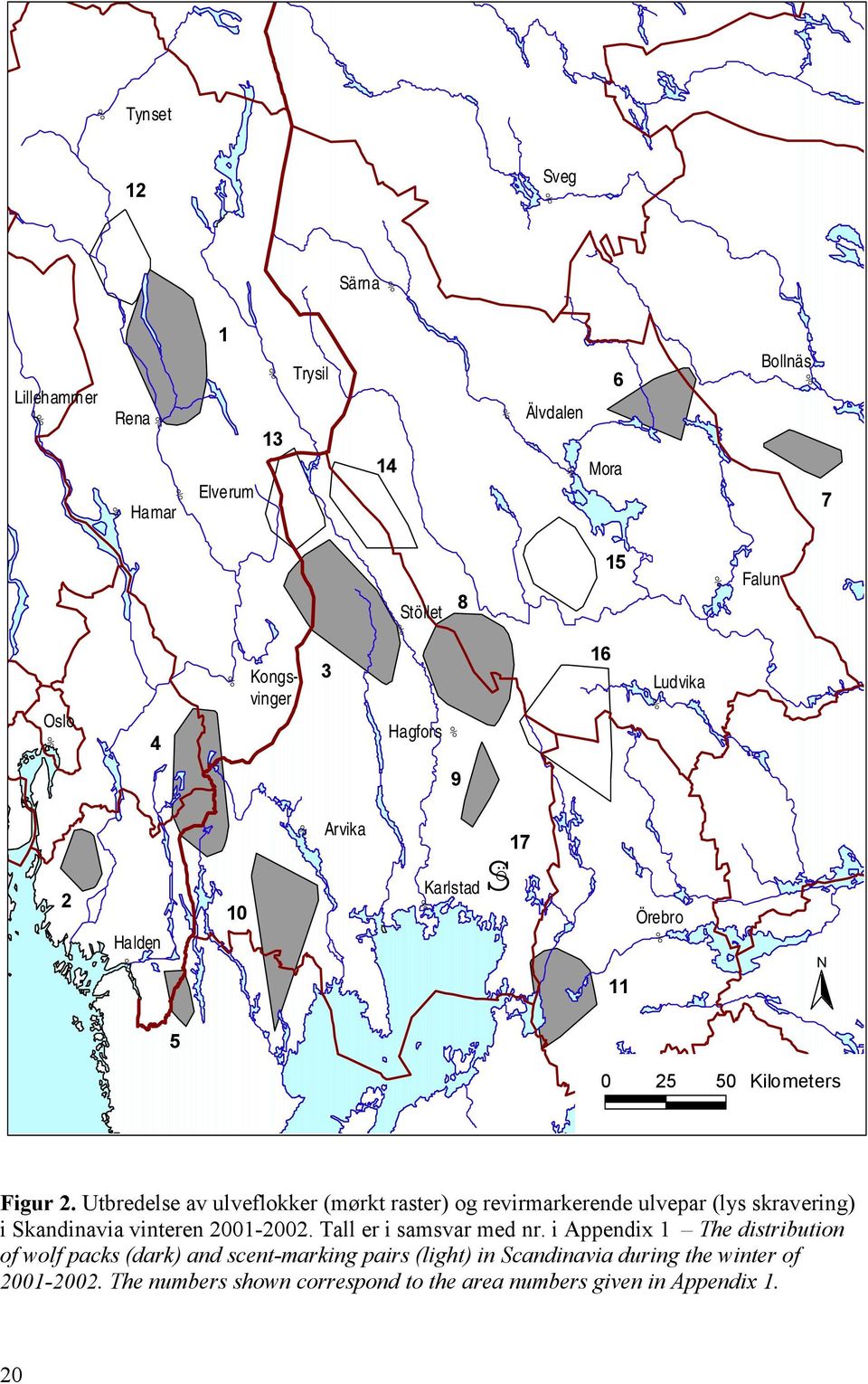 Utbredelse av ulveflokker (mørkt raster) og revirmarkerende ulvepar (lys skravering) i Skandinavia vinteren 2001-2002. Tall er i samsvar med nr.