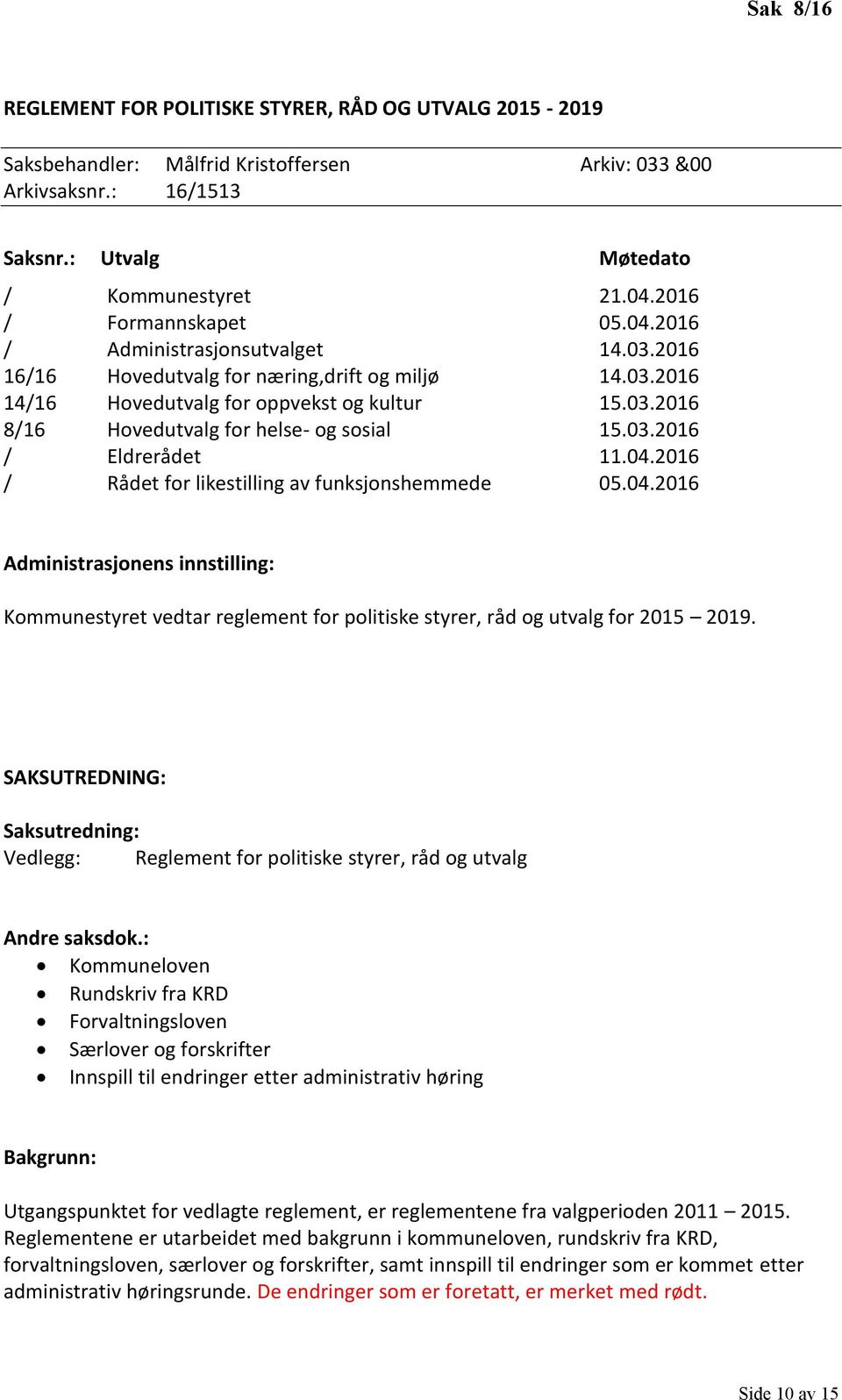 03.2016 / Eldrerådet 11.04.2016 / Rådet for likestilling av funksjonshemmede 05.04.2016 Administrasjonens innstilling: Kommunestyret vedtar reglement for politiske styrer, råd og utvalg for 2015 2019.