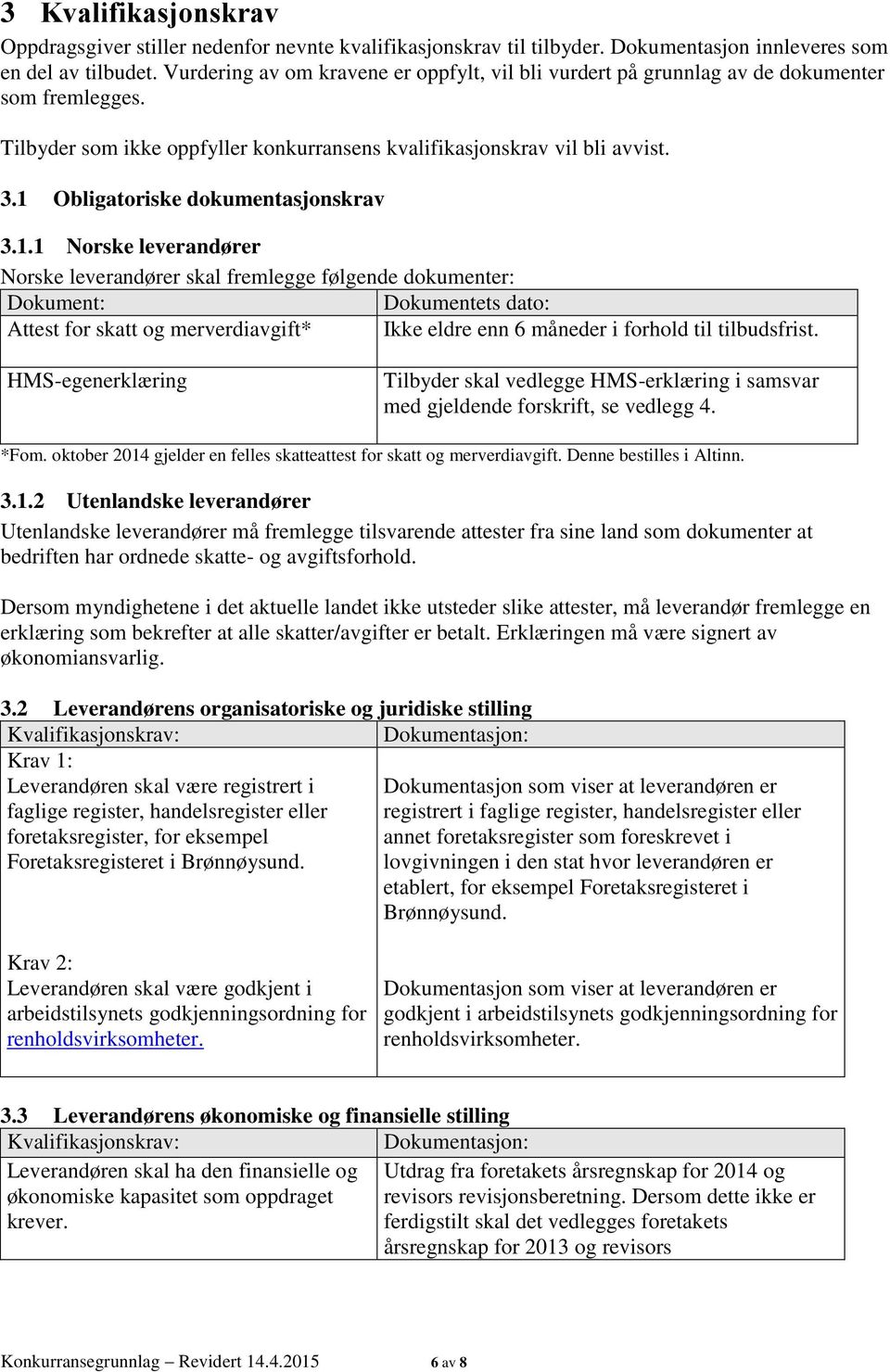 1 Obligatoriske dokumentasjonskrav 3.1.1 Norske leverandører Norske leverandører skal fremlegge følgende dokumenter: Dokument: Dokumentets dato: Attest for skatt og merverdiavgift* Ikke eldre enn 6 måneder i forhold til tilbudsfrist.