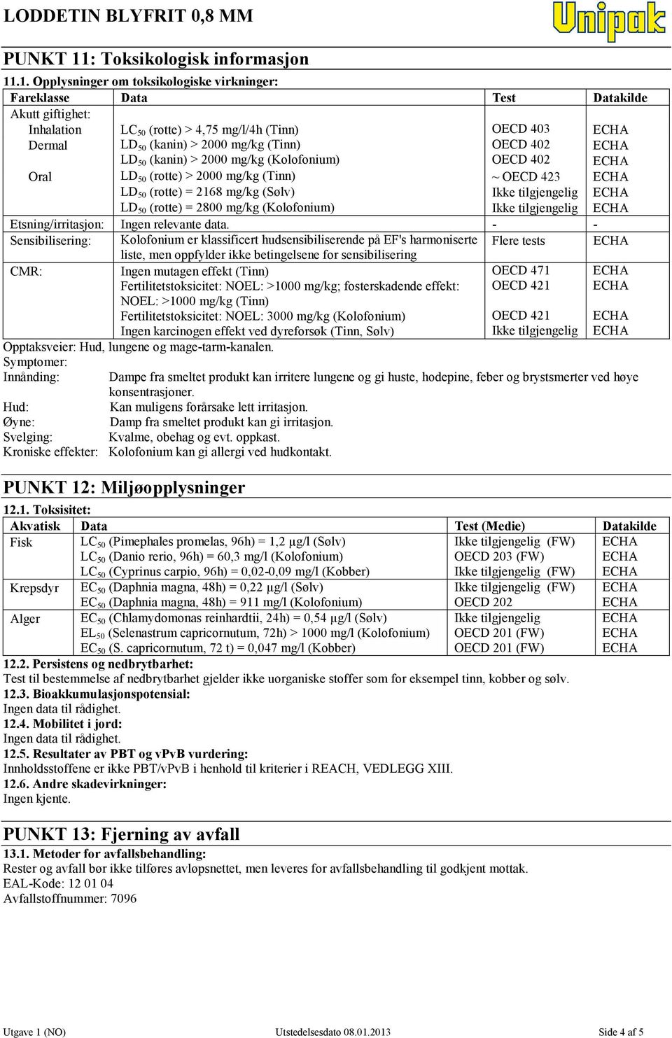 .1. Opplysninger om toksikologiske virkninger: Fareklasse Data Test Datakilde Akutt giftighet: Inhalation LC 50 (rotte) > 4,75 mg/l/4h (Tinn) OECD 403 Dermal LD 50 (kanin) > 2000 mg/kg (Tinn) LD 50