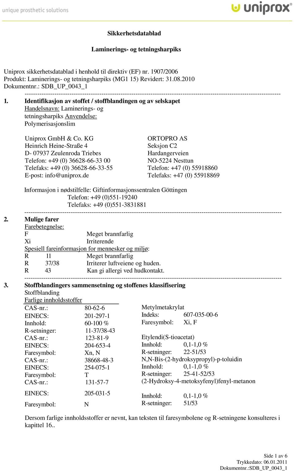 Identifikasjon av stoffet / stoffblandingen og av selskapet Handelsnavn: Laminerings- og tetningsharpiks Anvendelse: Polymerisasjonslim Uniprox GmbH & Co.