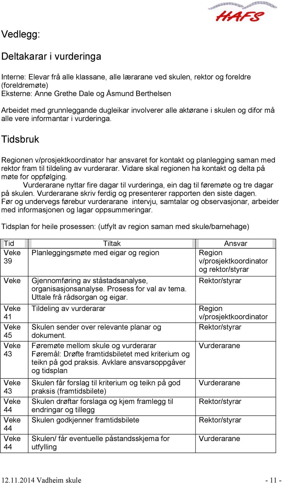 Tidsbruk Regionen v/prosjektkoordinator har ansvaret for kontakt og planlegging saman med rektor fram til tildeling av vurderarar. Vidare skal regionen ha kontakt og delta på møte for oppfølging.