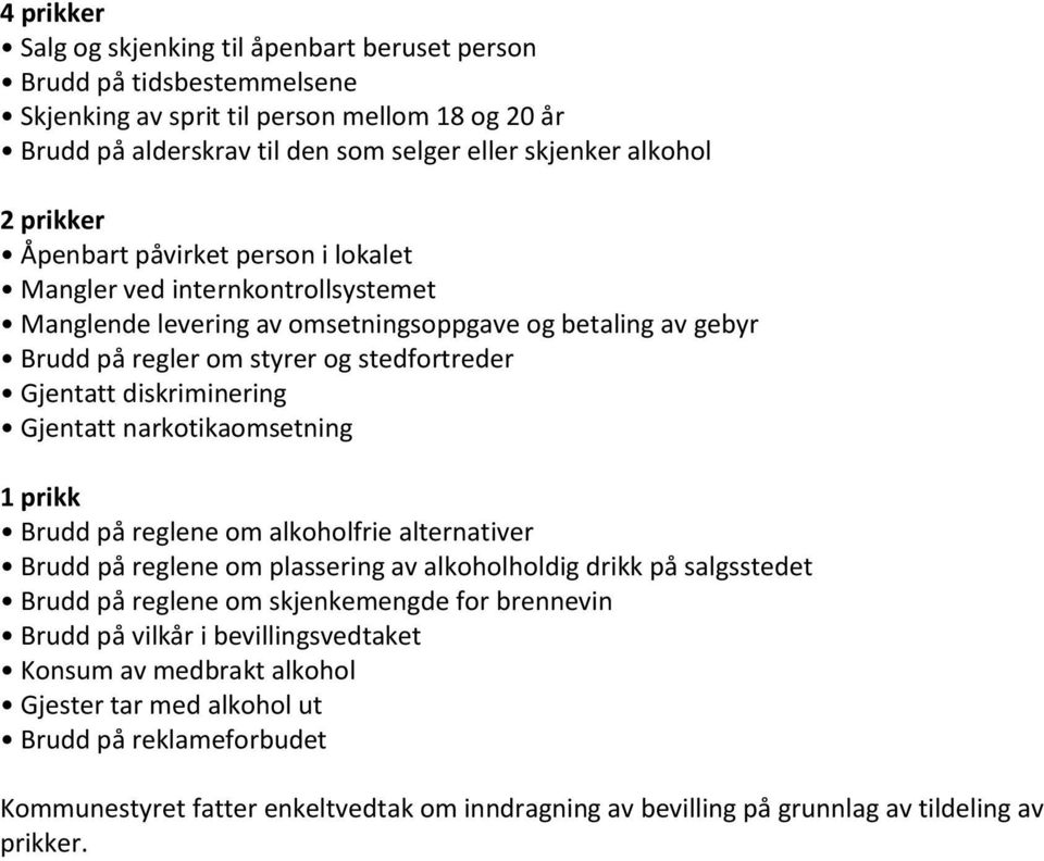 diskriminering Gjentatt narkotikaomsetning 1 prikk Brudd på reglene om alkoholfrie alternativer Brudd på reglene om plassering av alkoholholdig drikk på salgsstedet Brudd på reglene om skjenkemengde