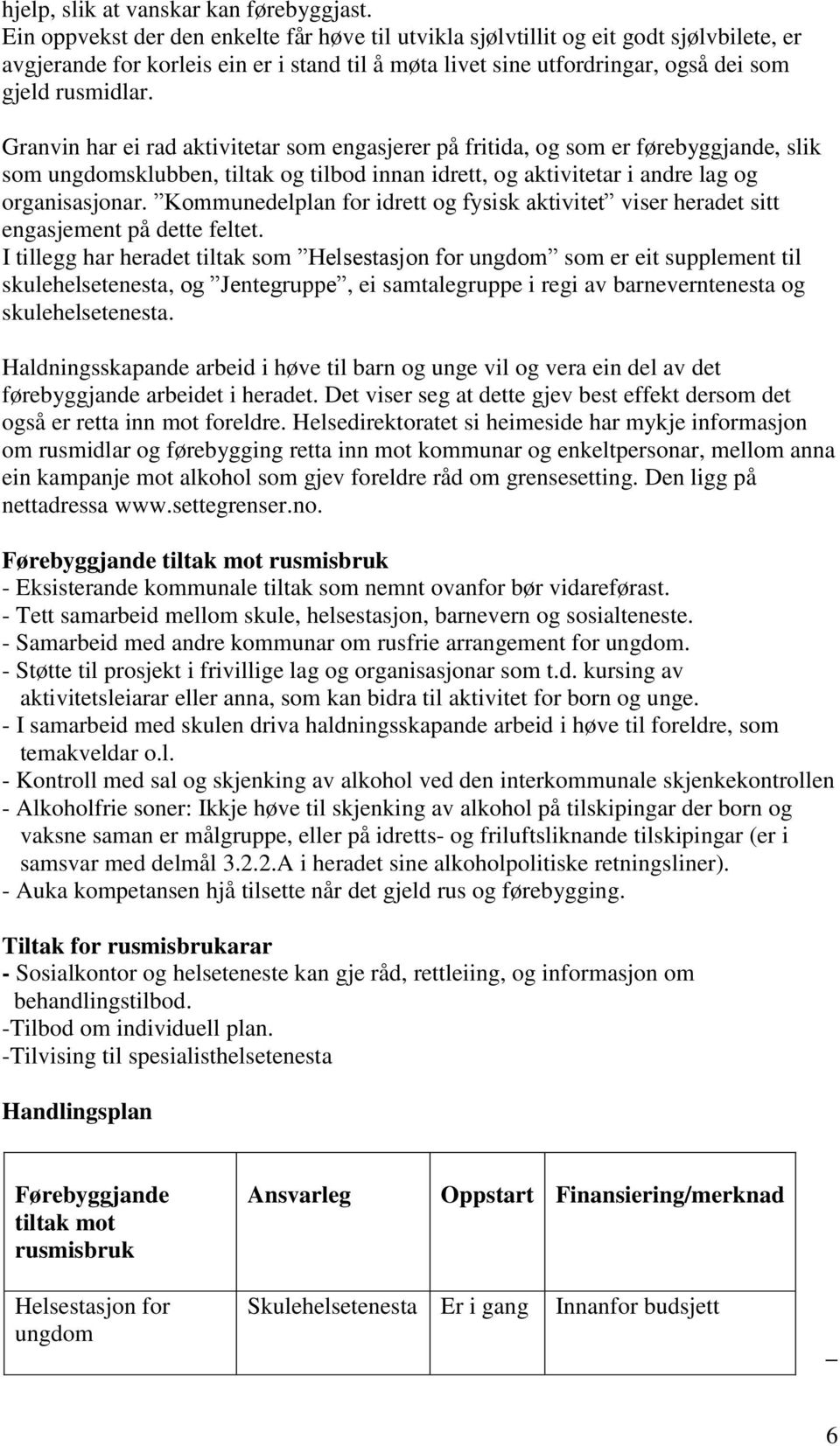 Granvin har ei rad aktivitetar som engasjerer på fritida, og som er førebyggjande, slik som ungdomsklubben, tiltak og tilbod innan idrett, og aktivitetar i andre lag og organisasjonar.