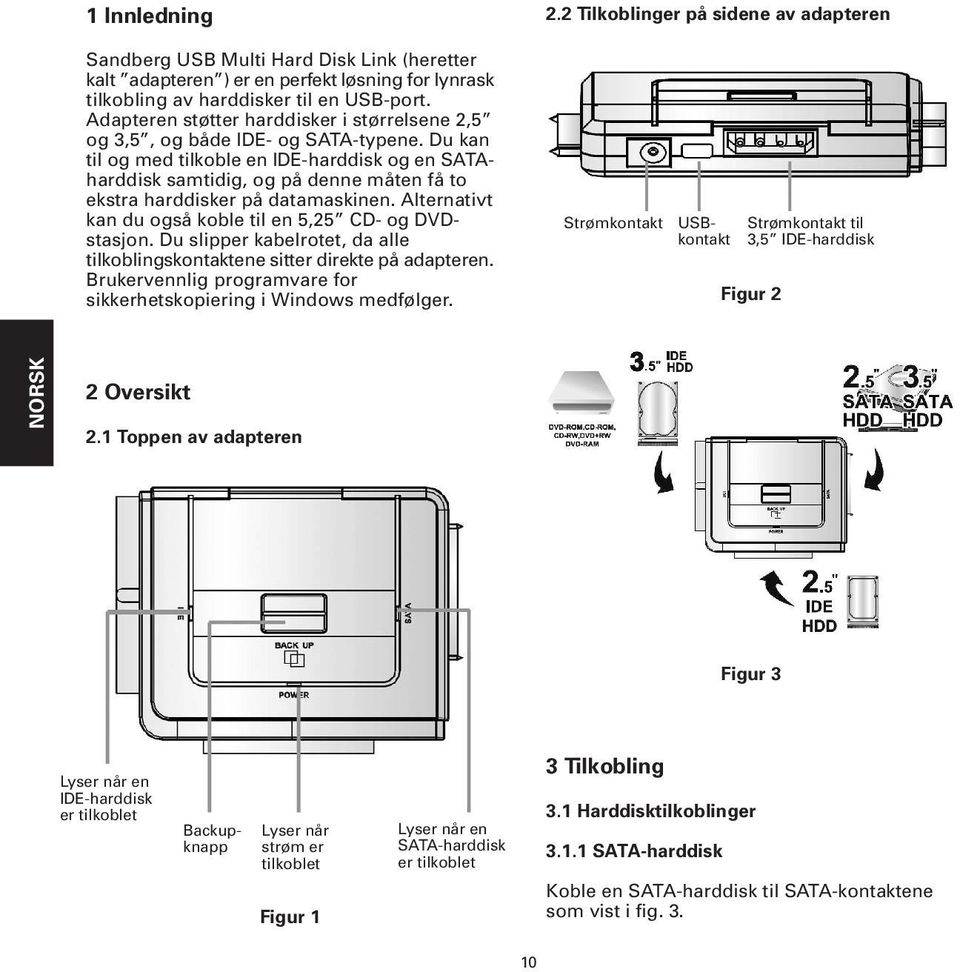 Du kan til og med tilkoble en IDE-harddisk og en SATAharddisk samtidig, og på denne måten få to ekstra harddisker på datamaskinen. Alternativt kan du også koble til en 5,25 CD- og DVDstasjon.