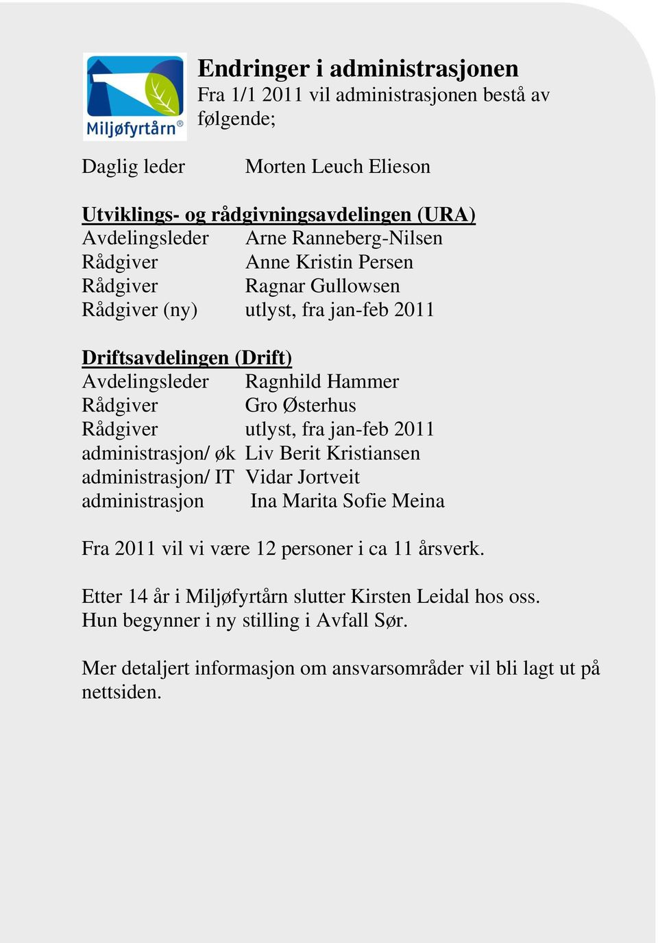 Østerhus Rådgiver utlyst, fra jan-feb 2011 administrasjon/ øk Liv Berit Kristiansen administrasjon/ IT Vidar Jortveit administrasjon Ina Marita Sofie Meina Fra 2011 vil vi være 12