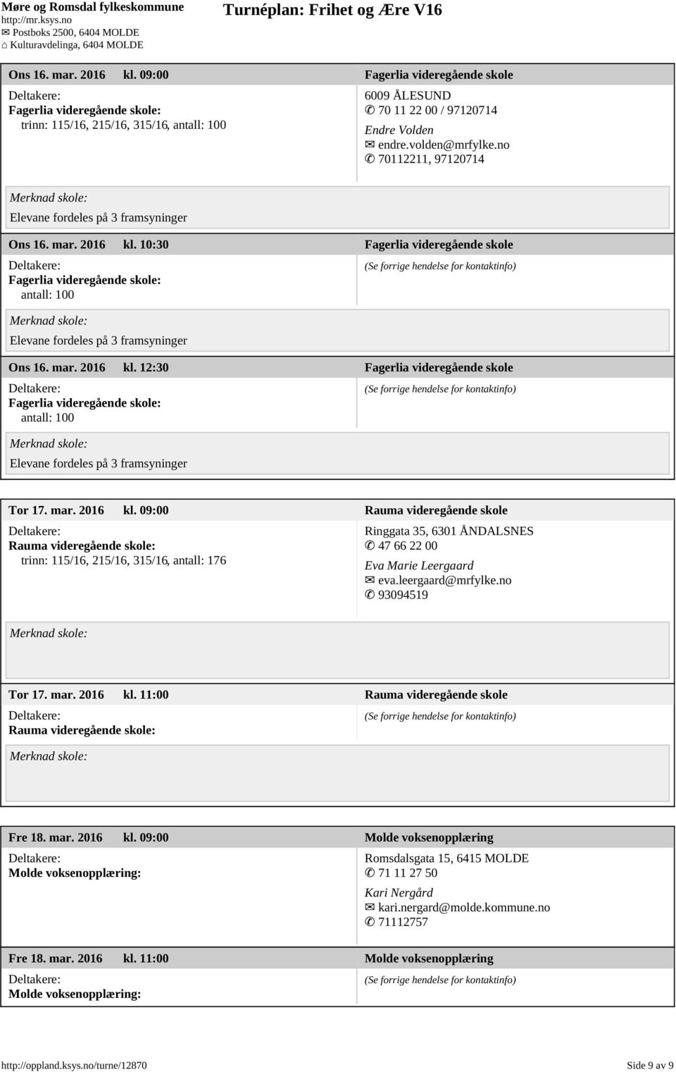 mar. 2016 kl. 12:30 Fagerlia videregående skole Fagerlia videregående skole: antall: 100 Elevane fordeles på 3 framsyninger Tor 17. mar. 2016 kl. 09:00 Rauma videregående skole Rauma videregående skole: trinn: 115/16, 215/16, 315/16, antall: 176 Ringgata 35, 6301 ÅNDALSNES 47 66 22 00 Eva Marie Leergaard eva.