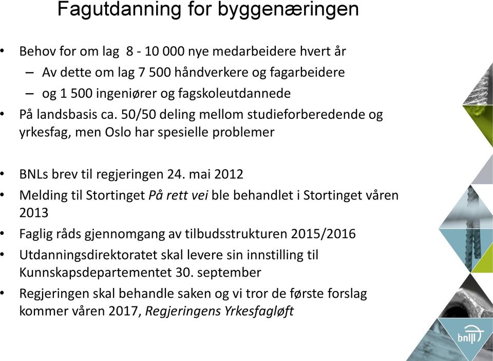 mai 2012 Melding til Stortinget På rett vei ble behandlet i Stortinget våren 2013 Faglig råds gjennomgang av tilbudsstrukturen 2015/2016 Utdanningsdirektoratet