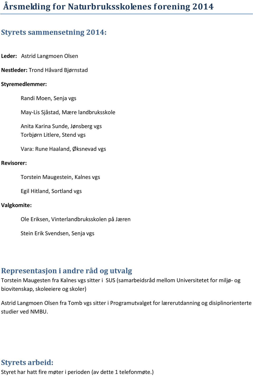 Eriksen, Vinterlandbruksskolen på Jæren Stein Erik Svendsen, Senja vgs Representasjon i andre råd og utvalg Torstein Maugesten fra Kalnes vgs sitter i SUS (samarbeidsråd mellom Universitetet for