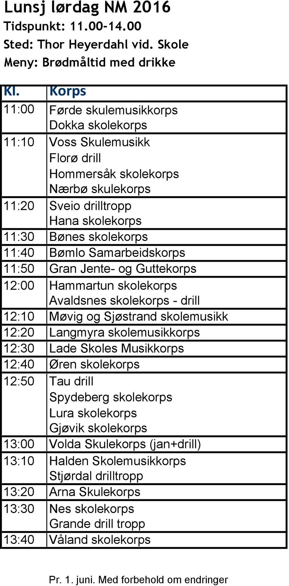 Gran Jente- og Guttekorps 12:00 Hammartun skolekorps Avaldsnes skolekorps - drill 12:10 Møvig og Sjøstrand skolemusikk 12:20 Langmyra skolemusikkorps 12:30 Lade