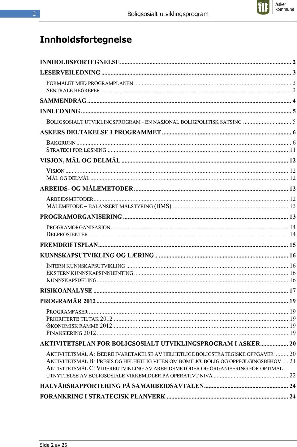 .. 12 MÅL OG DELMÅL... 12 ARBEIDS- OG MÅLEMETODER... 12 ARBEIDSMETODER... 12 MÅLEMETODE BALANSERT MÅLSTYRING (BMS)... 13 PROGRAMORGANISERING... 13 PROGRAMORGANISASJON... 14 DELPROSJEKTER.