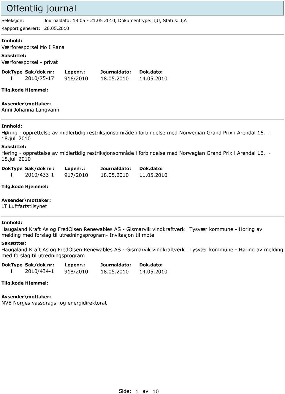 juli 2010 2010/433-1 917/2010 LT Luftfartstilsynet Haugaland Kraft As og FredOlsen Renewables AS - Gismarvik vindkraftverk i Tysvær kommune - Høring av melding med forslag til utredningsprogram-