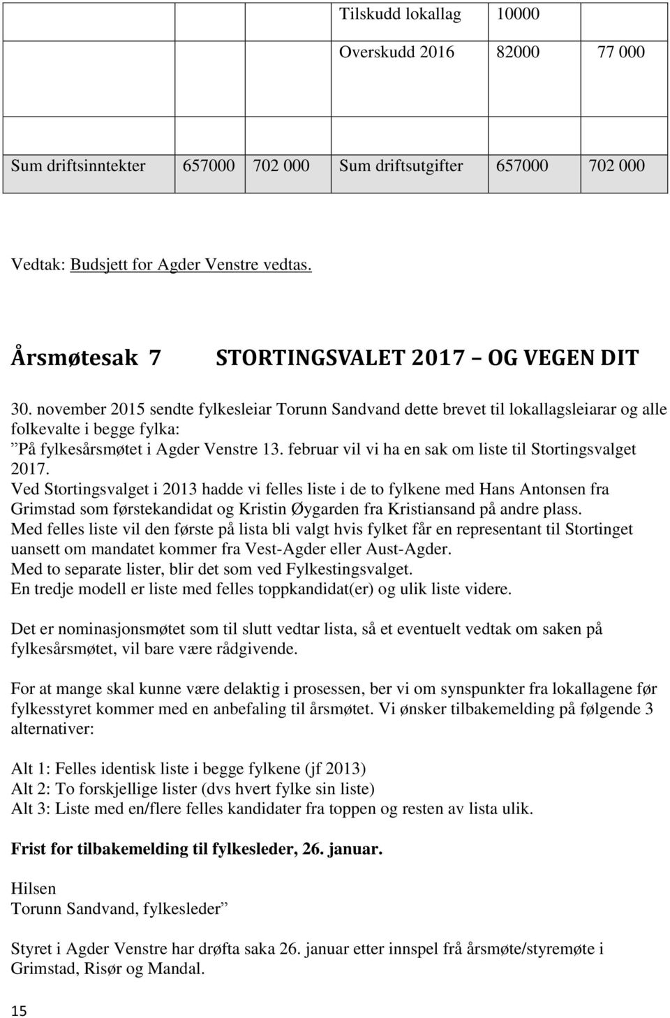 november 2015 sendte fylkesleiar Torunn Sandvand dette brevet til lokallagsleiarar og alle folkevalte i begge fylka: På fylkesårsmøtet i Agder Venstre 13.