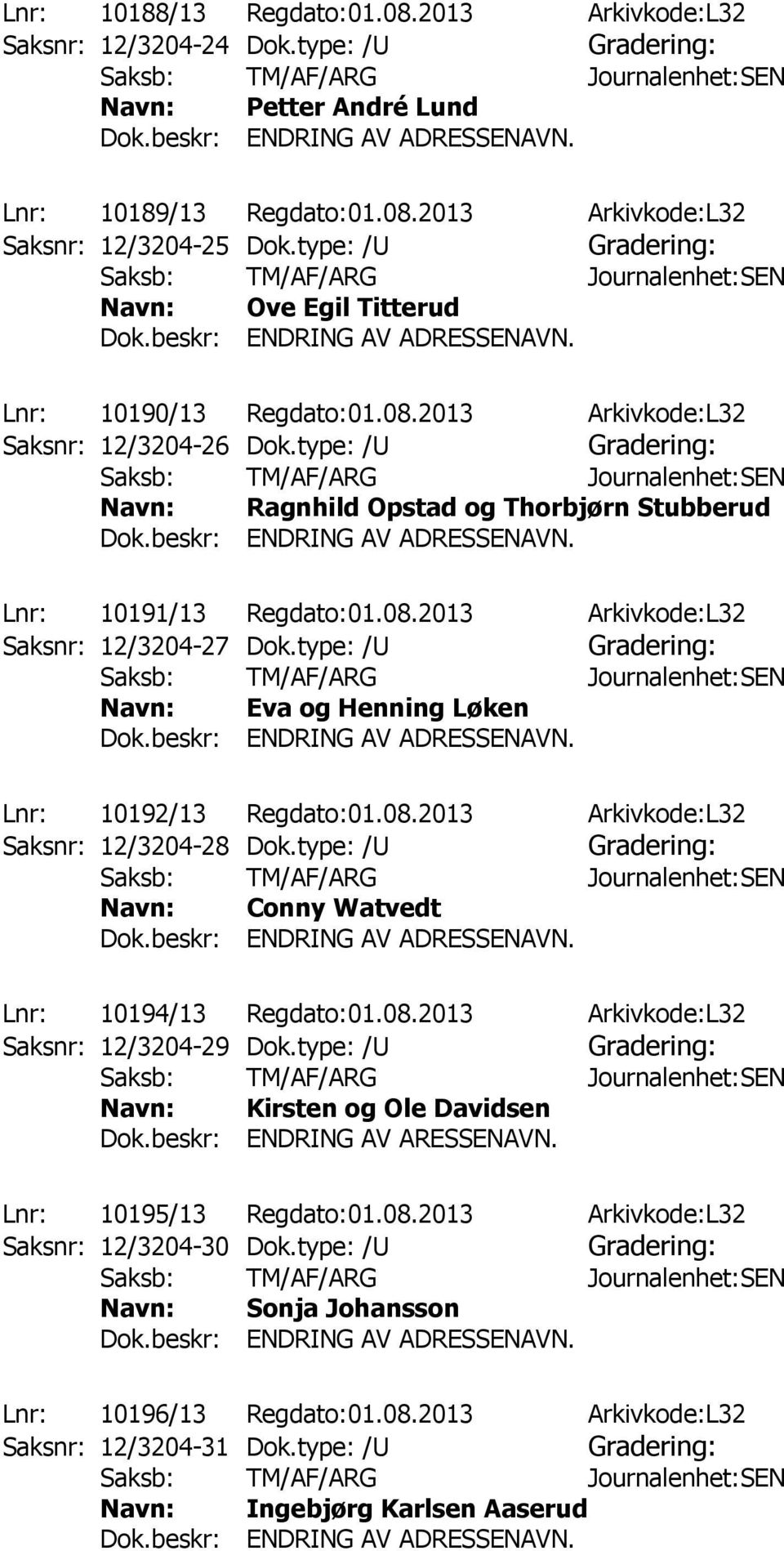 type: /U Eva og Henning Løken Lnr: 10192/13 Regdato:01.08.2013 Arkivkode:L32 Saksnr: 12/3204-28 Dok.type: /U Conny Watvedt Lnr: 10194/13 Regdato:01.08.2013 Arkivkode:L32 Saksnr: 12/3204-29 Dok.