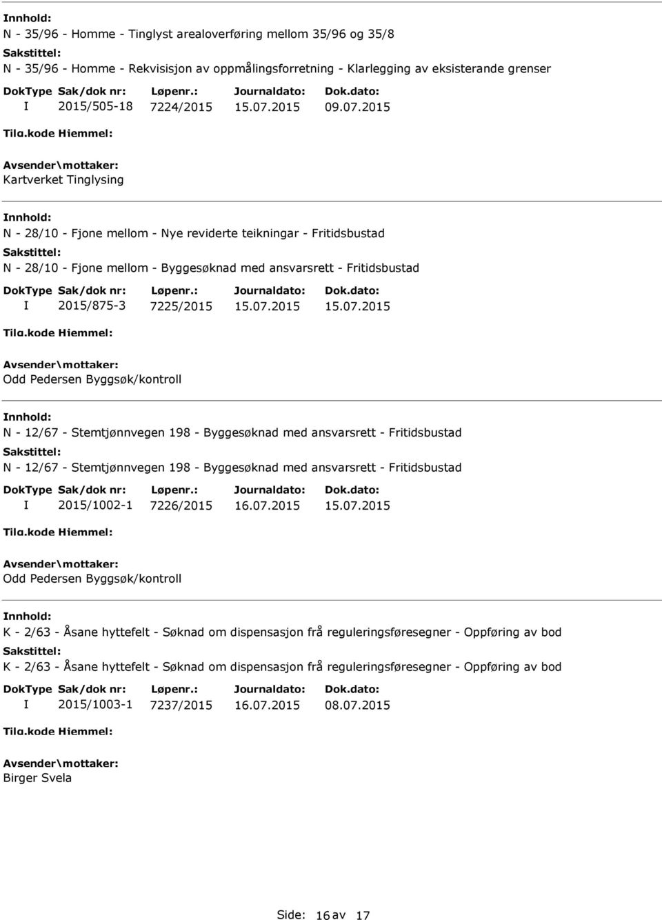 Byggsøk/kontroll N - 12/67 - Stemtjønnvegen 198 - Byggesøknad med ansvarsrett - Fritidsbustad N - 12/67 - Stemtjønnvegen 198 - Byggesøknad med ansvarsrett - Fritidsbustad 2015/1002-1 7226/2015 16.07.