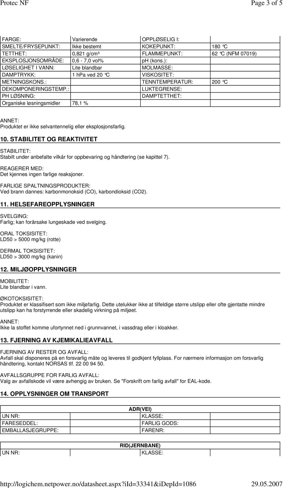 : LUKTEGRENSE: PH LØSNING: DAMPTETTHET: Organiske løsningsmidler 78,1 % Produktet er ikke selvantennelig eller eksplosjonsfarlig. 10.