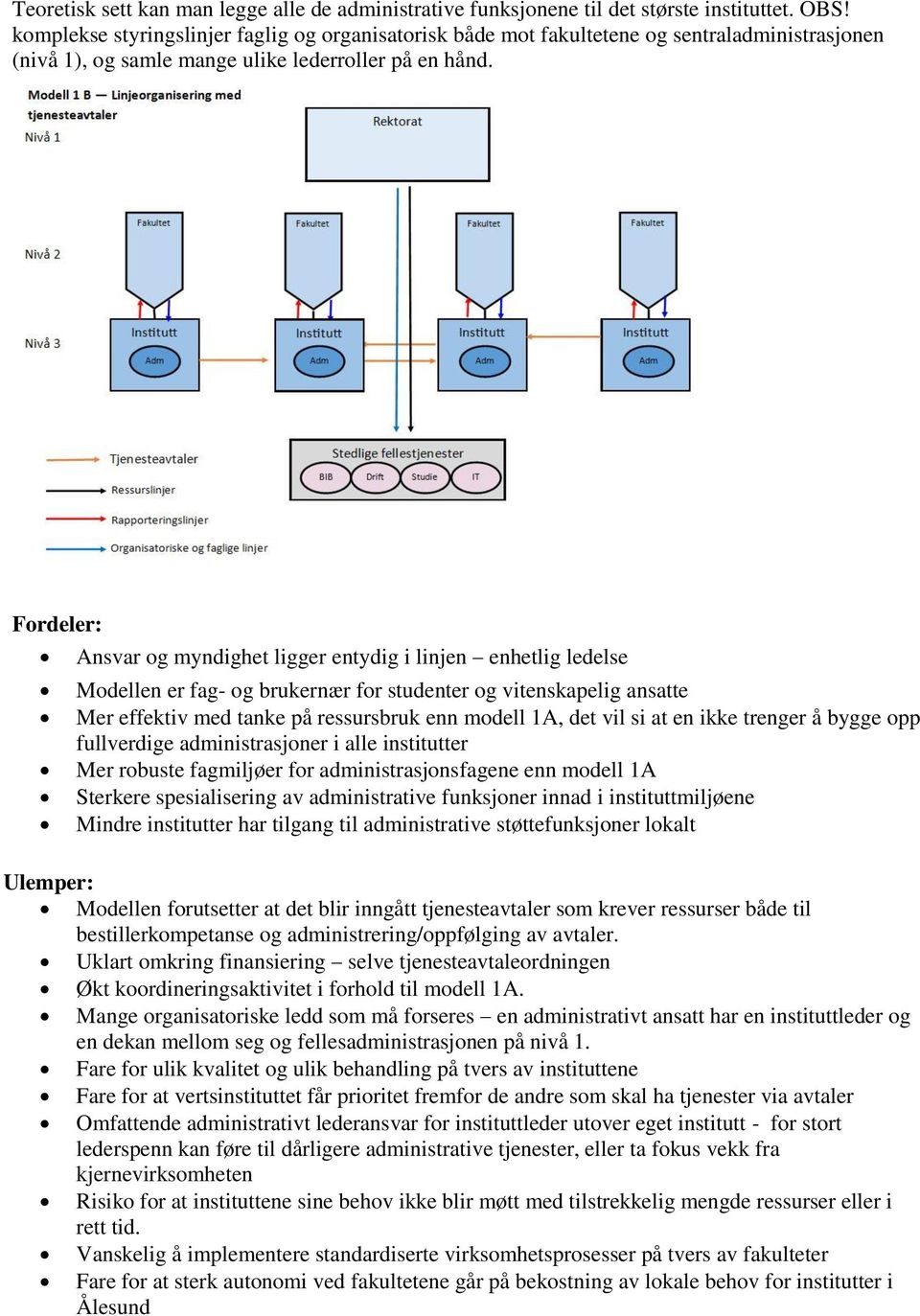 Fordeler: Ansvar og myndighet ligger entydig i linjen enhetlig ledelse Modellen er fag- og brukernær for studenter og vitenskapelig ansatte Mer effektiv med tanke på ressursbruk enn modell 1A, det