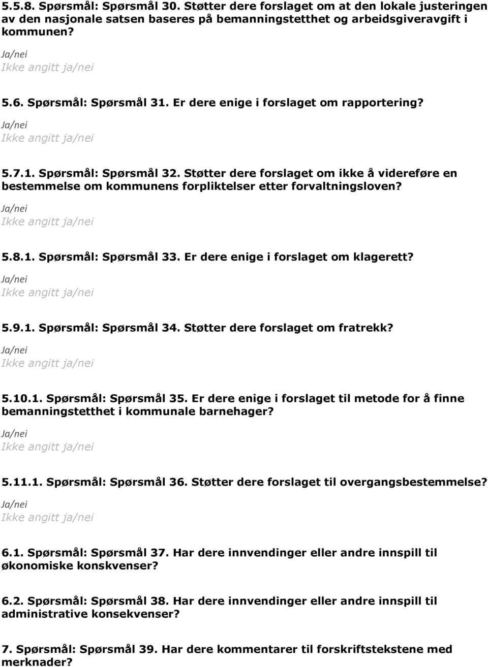 Er dere enige i forslaget om klagerett? 5.9.1. Spørsmål: Spørsmål 34. Støtter dere forslaget om fratrekk? 5.10.1. Spørsmål: Spørsmål 35.