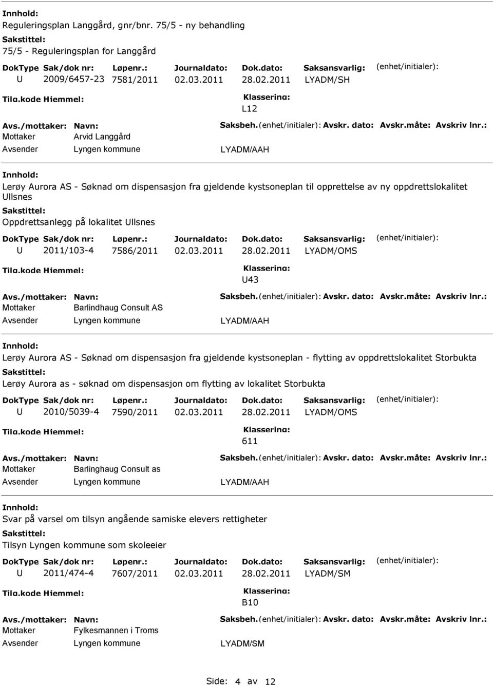 7586/2011 LYADM/OMS 43 Avs./mottaker: Navn: Saksbeh. Avskr. dato: Avskr.måte: Avskriv lnr.