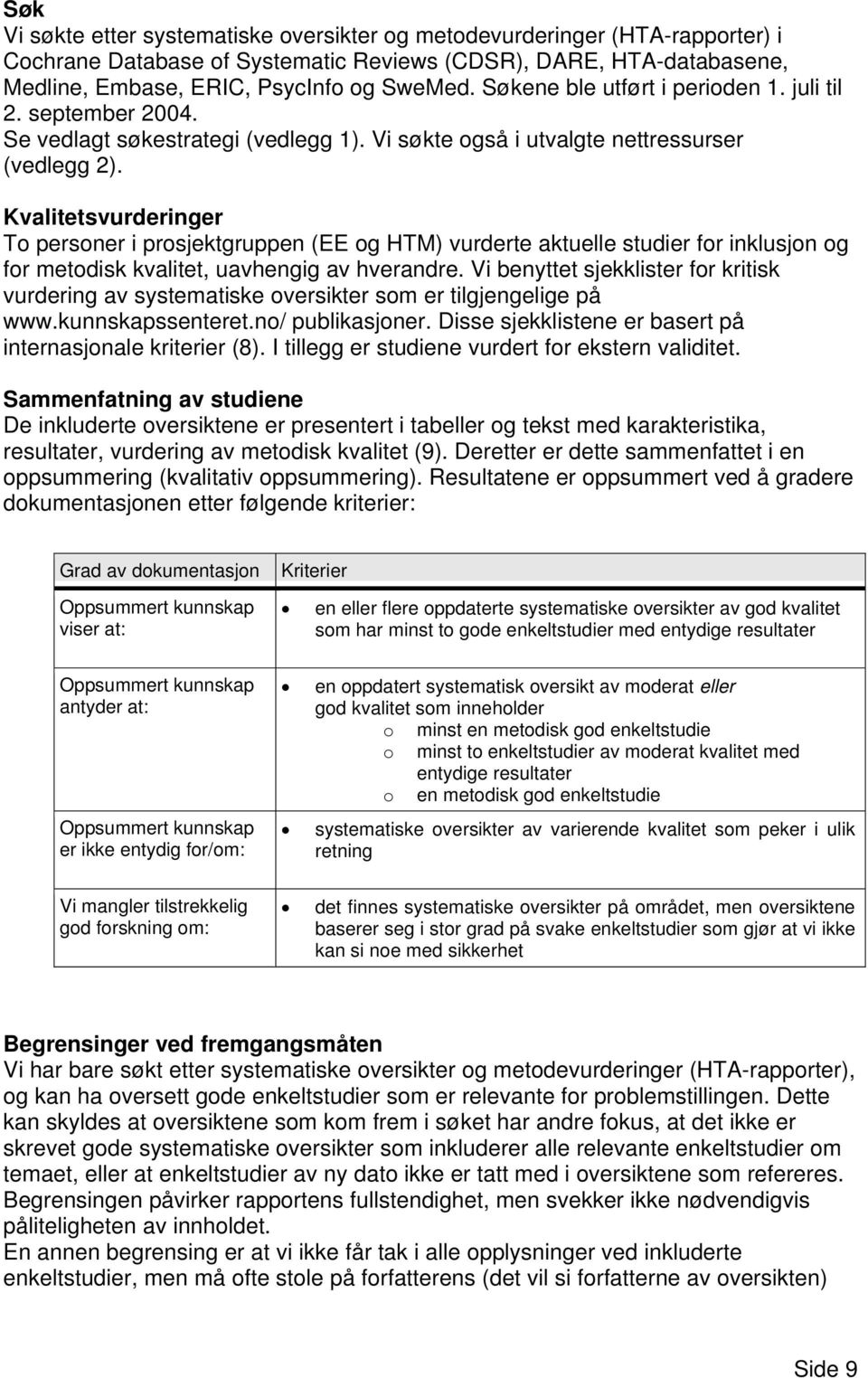 Kvalitetsvurderinger To personer i prosjektgruppen (EE og HTM) vurderte aktuelle studier for inklusjon og for metodisk kvalitet, uavhengig av hverandre.