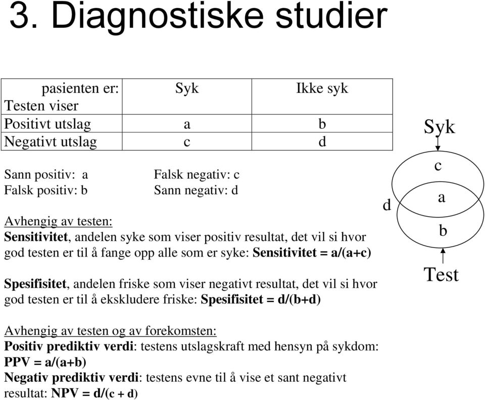 Spesifisitet, andelen friske som viser negativt resultat, det vil si hvor god testen er til å ekskludere friske: Spesifisitet = d/(b+d) Avhengig av testen og av forekomsten: